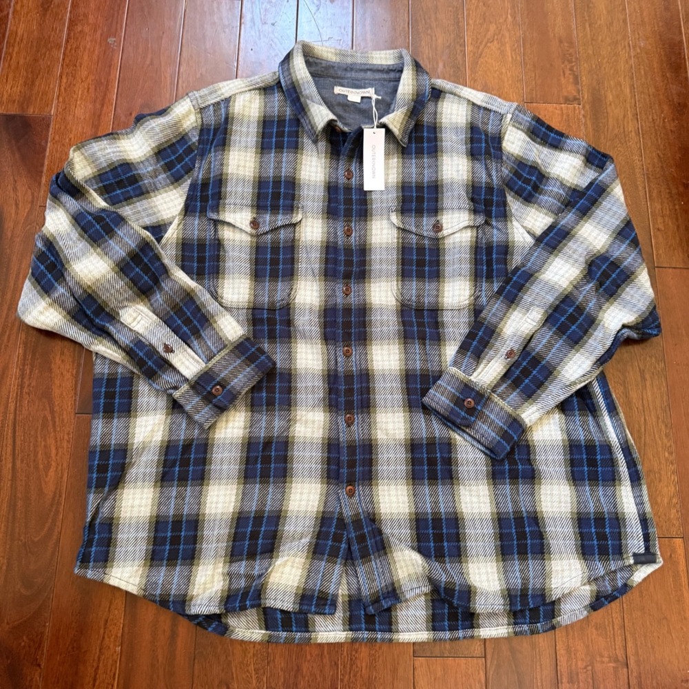 Outerknown Blanket Shirt‎ XXXL Blue White Plaid Organic Cotton Flannel Button Up